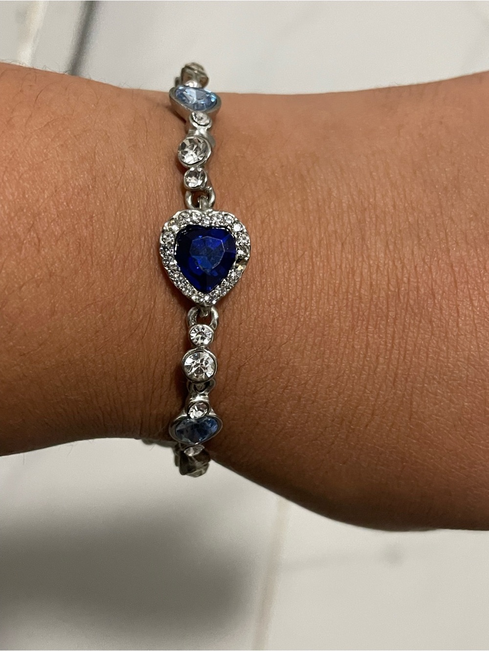 Silver Bracelet with Deep Blue Heart Crystal